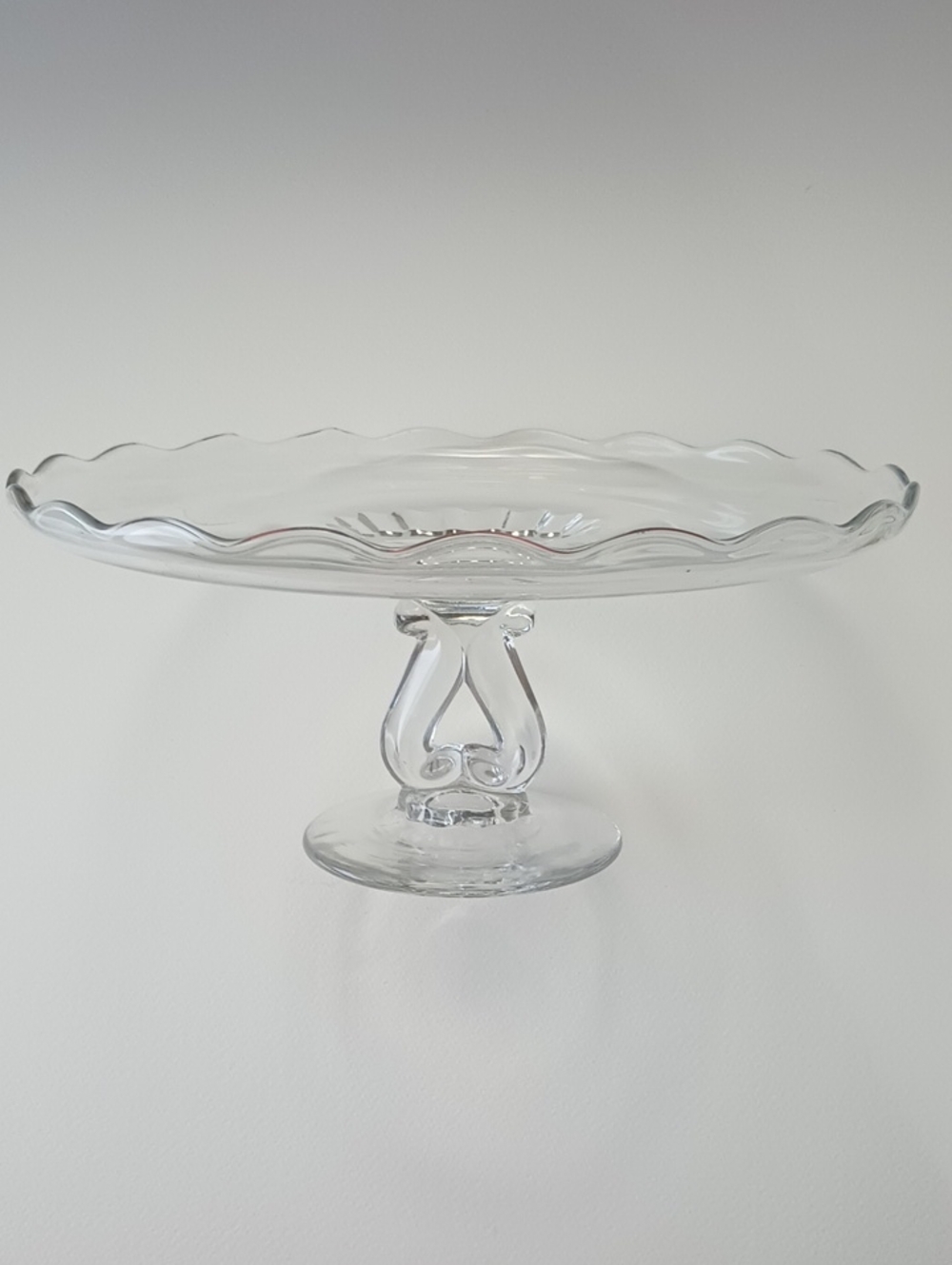 Princess Clear Cake Stand Viking Glass Inverted Heart Scolloped Edge Blown Glass